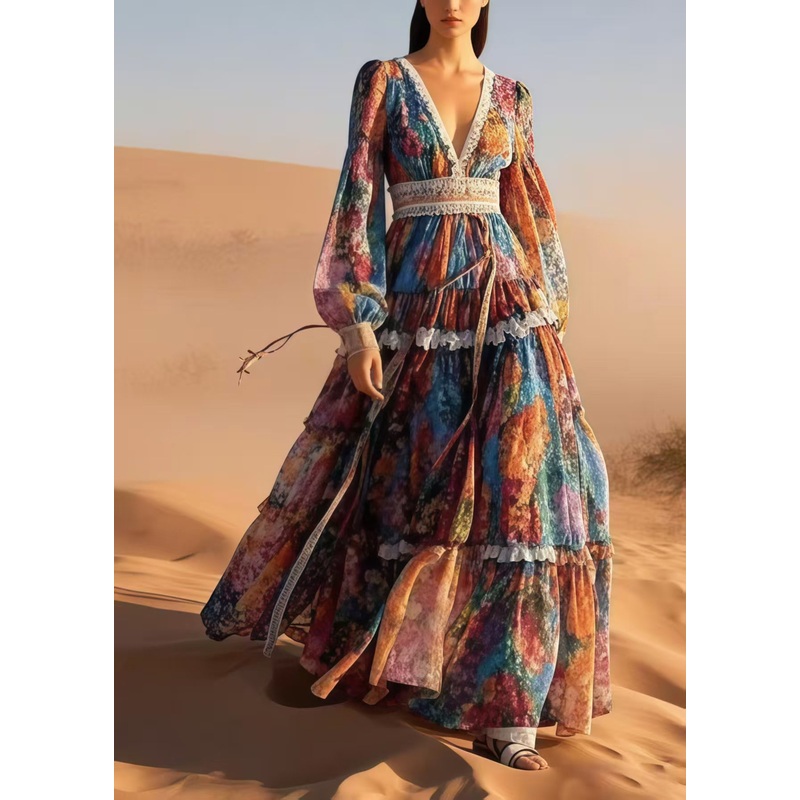 Boho V Neck Print Exra Large Hem Chiffon Cinched Dress Spring