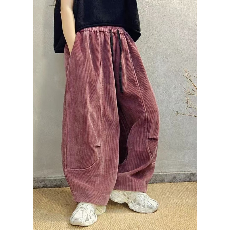 Boutique Red Pockets Elastic Waist Corduroy Warm Fleece Pants Spring