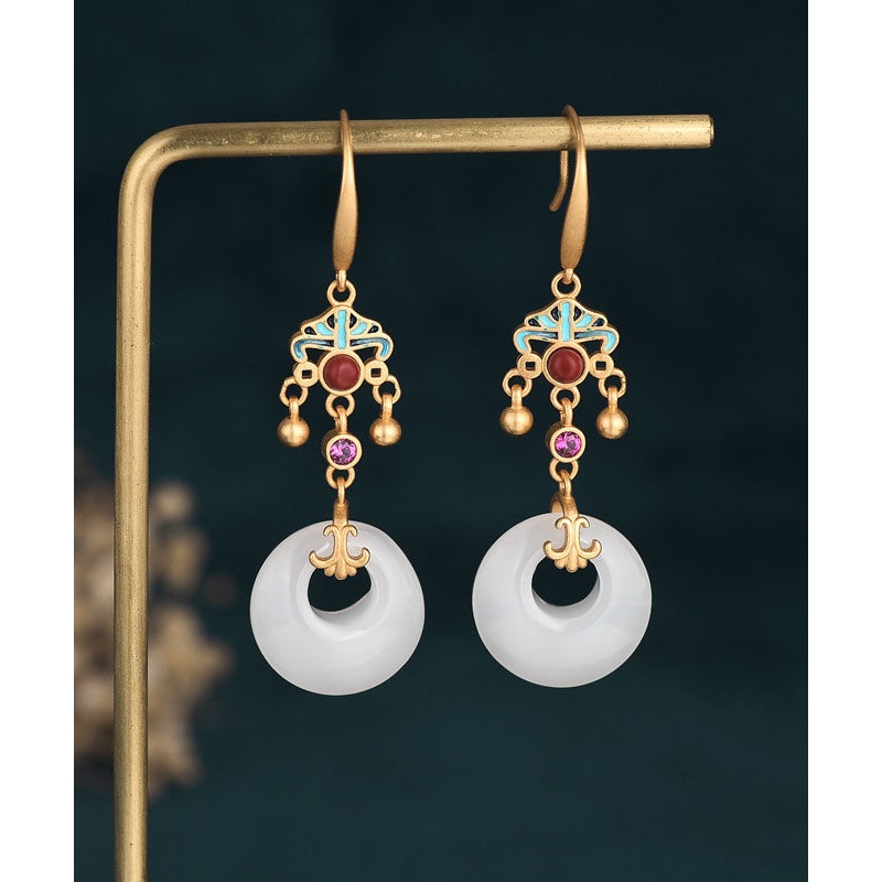 Boutique White Ancient Gold Enamel Cloisonne Jade Ping Buckle Drop Earrings