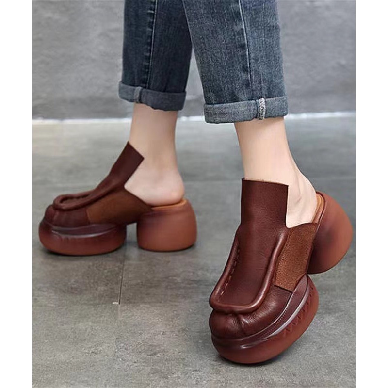 Brown Retro Splicing Cowhide Leather Platform Slide Sandals