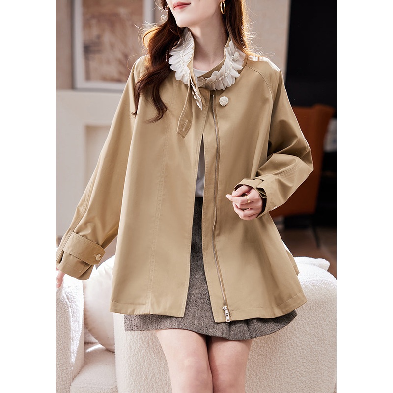 Casual Natural Khaki Stand Collar Nail Bead Patchwork Coat Spring