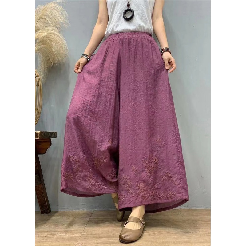Casual Purple Embroidered Elastic Waist Linen Silk Wide Leg Pants Summer