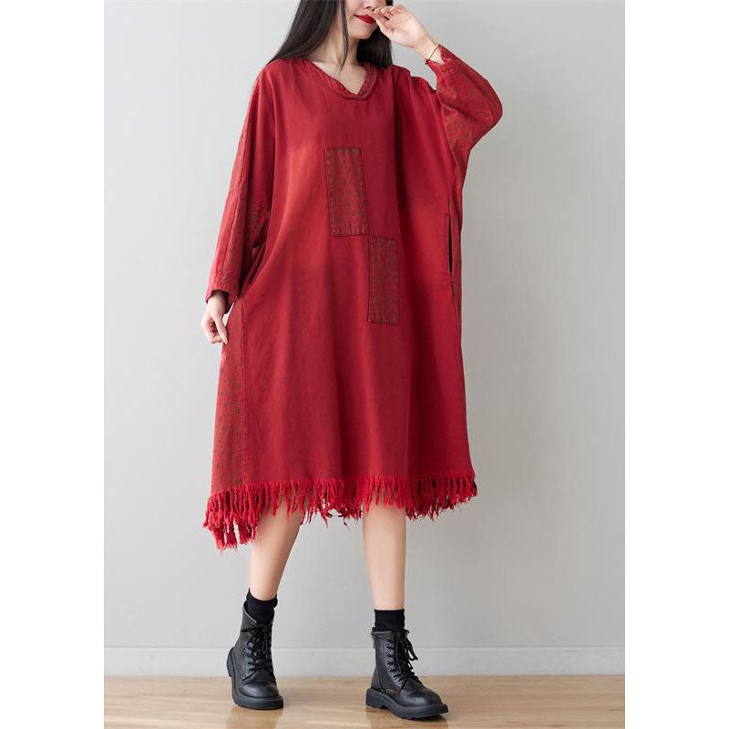 Casual Red V Neck Tassel Cotton Loose Dress Spring