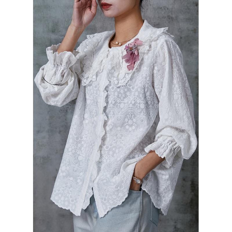 Casual White Double-layer Embroidered Cotton Blouse Top Spring