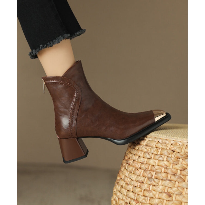 Chic Brown Cowhide Leather Zippered Splicing Chunky Heel Boots