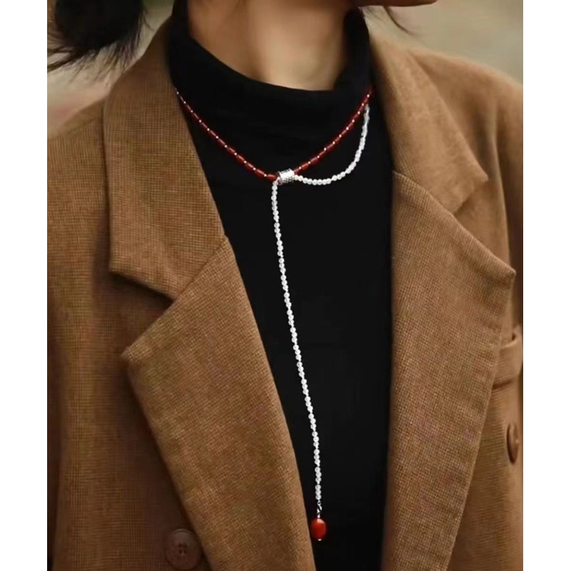 Chic Colorblock Agate Beading Bilayer Sweater Necklace
