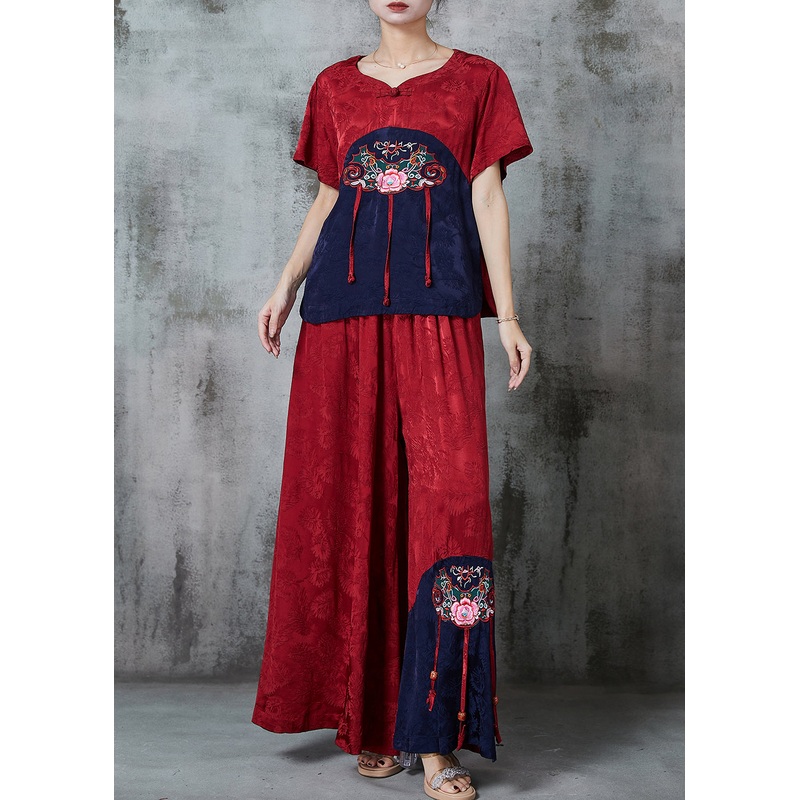 Chic Mulberry Embroidered Patchwork Silk Women Sets 2 Pieces Summer