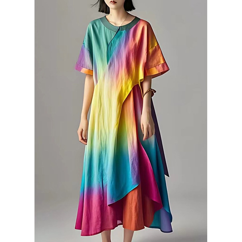 Chic Rainbow Tie Dye Cotton Robe Dresses Summer