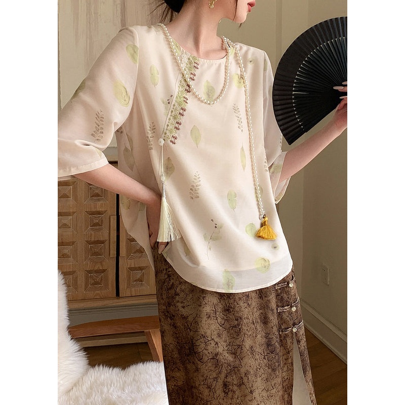 Chinese Style Apricot Print Tassel Chiffon Top Fall