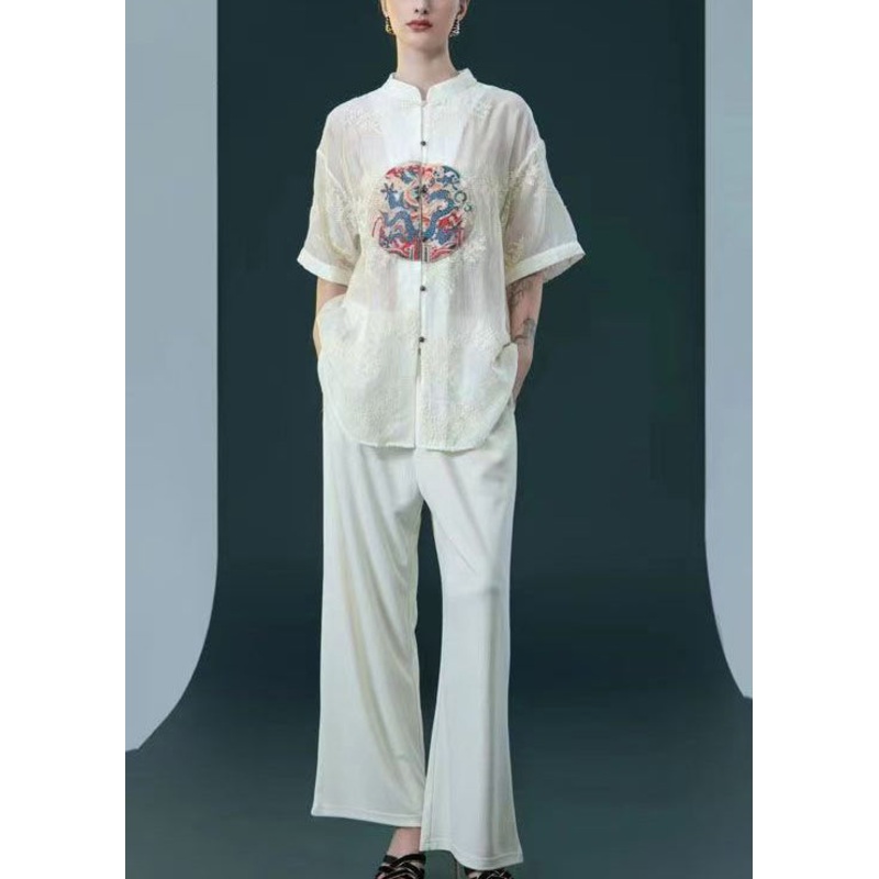 Chinese Style Beige Embroidered Button Silk Two-Piece Set Summer