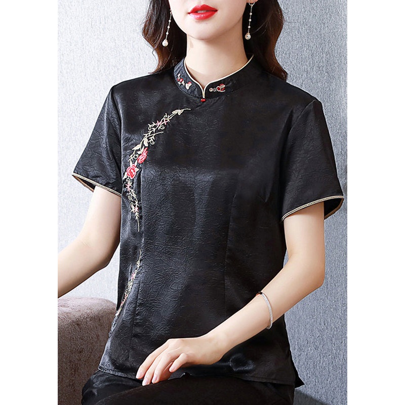 Chinese Style Black Stand Collar Embroidered Silk Top Summer