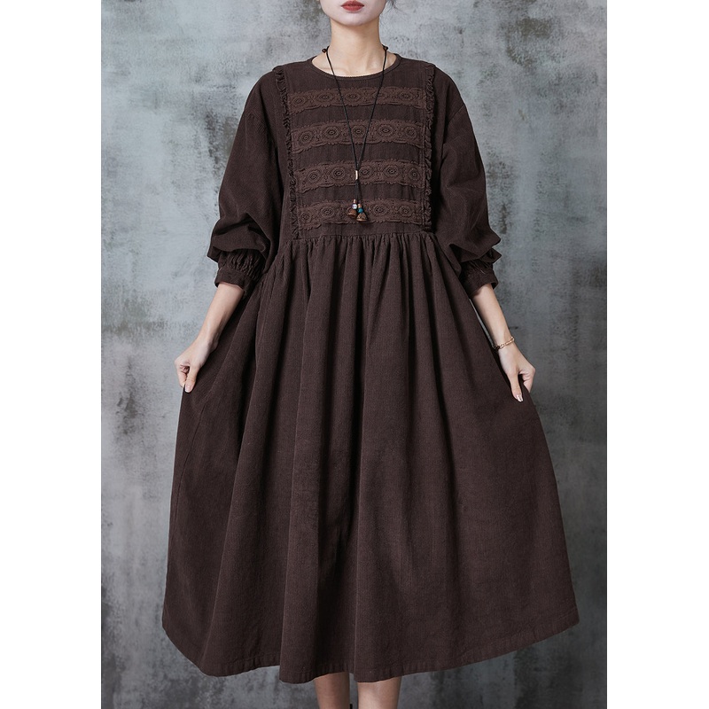 Chocolate Lace Patchwork Corduroy Dress Oversized Spring