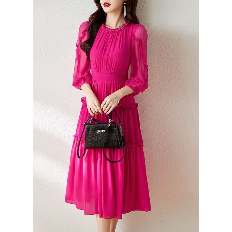 Classy Rose O Neck Ruffled Patchwork Silk Dress Bracelet Sleeve