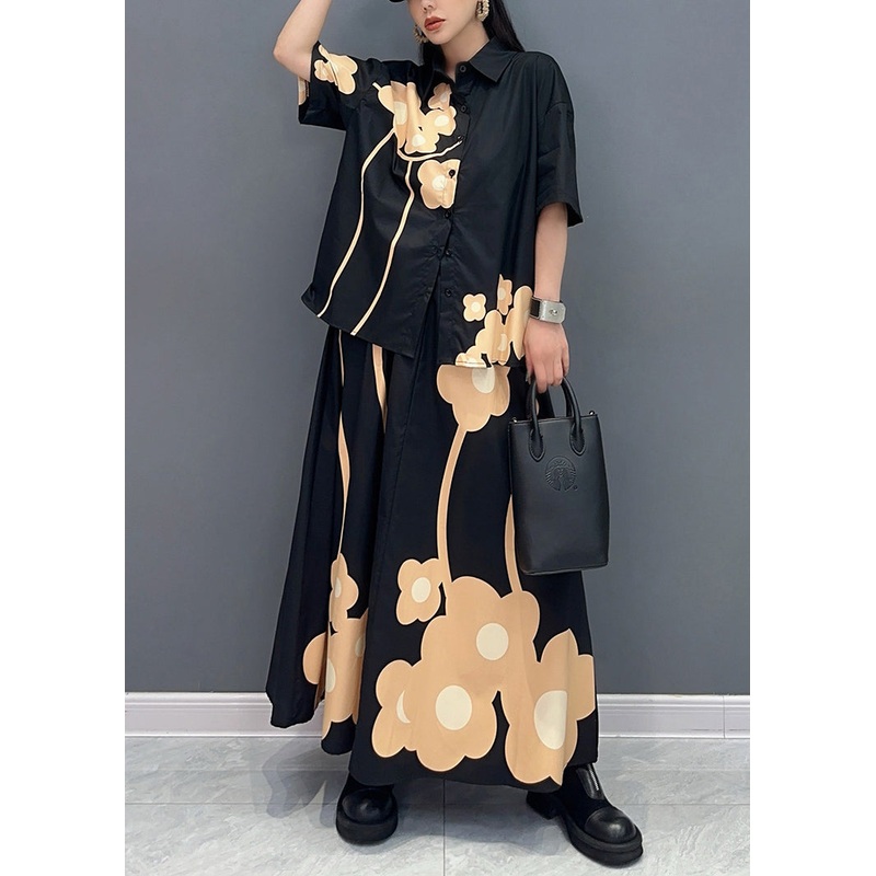 DIY Black Peter Pan Collar Print Cotton Two Pieces Set Summer