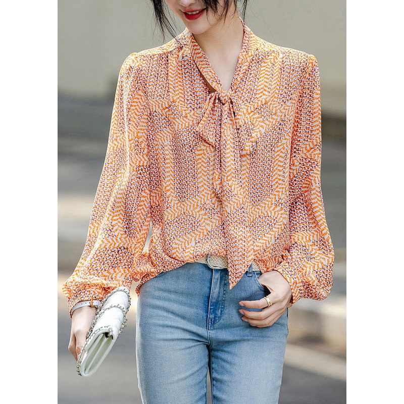 DIY Yellow V Neck Print Chiffon Top Fall