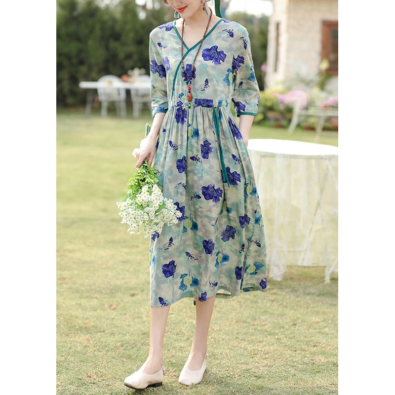 Elegant Blue Print Pockets Drawstring Cotton Dress Half Sleeve