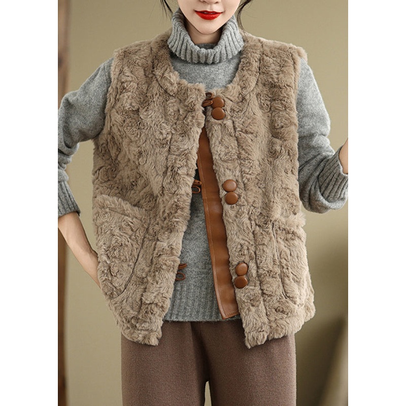 Elegant Khaki Button Pockets Teddy Faux Fur Waistcoat Sleeveless