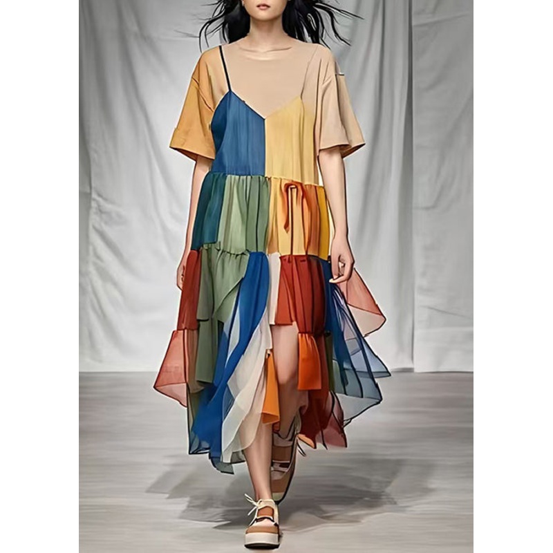 Elegant Khaki Layered Patchwork Tulle Cotton Long Dress Summer