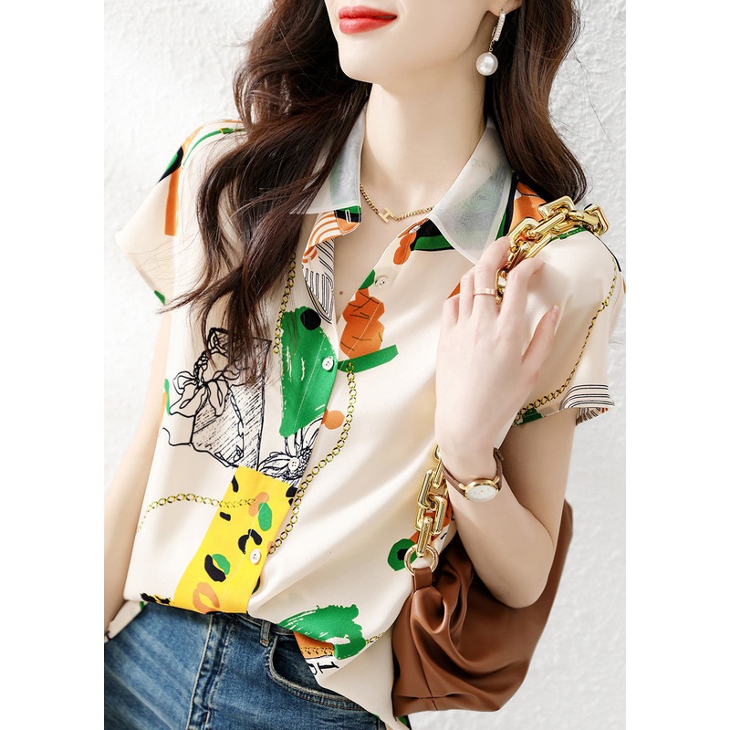 Elegant Peter Pan Collar Print Chiffon Shirt Short Sleeve