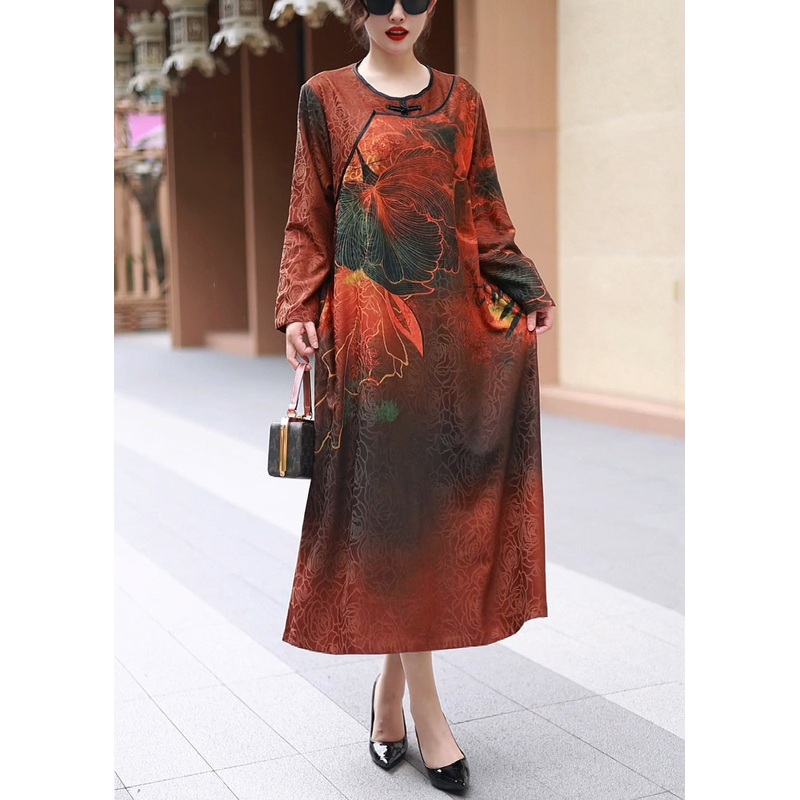 Elegant Red O Neck Print Cotton Long Dress Fall