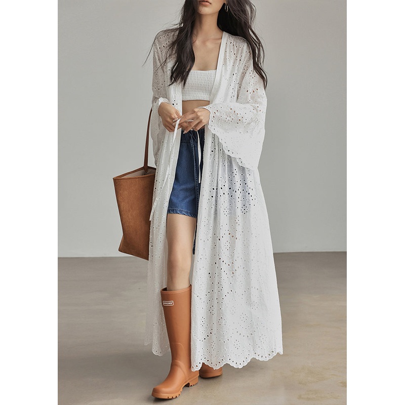 Elegant White Lace Up Hollow Out Cotton Dresses Flare Sleeve