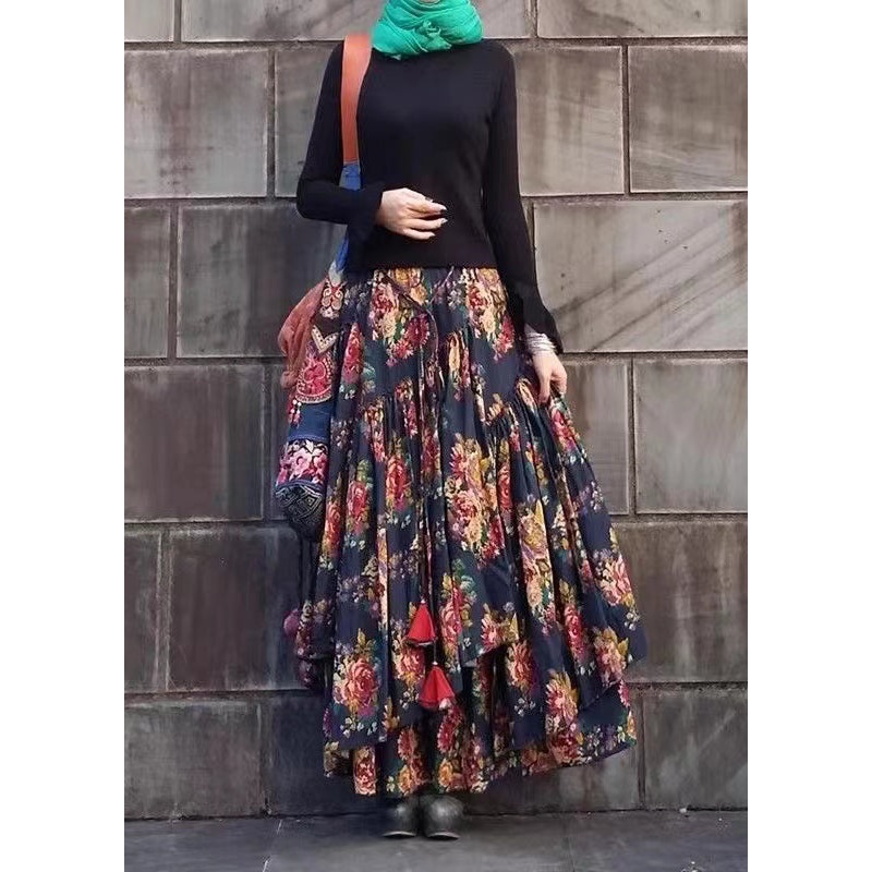 Ethnic Style Printed Cotton Large Hem Asymmetrical Skirt Spring