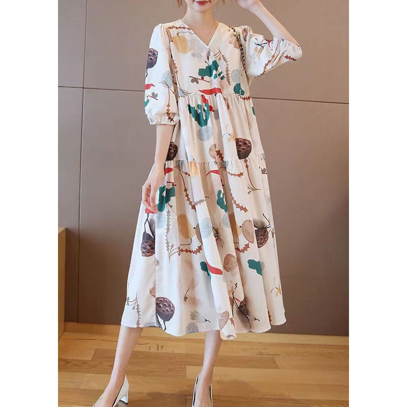 Fashion Apricot V Neck Print Cotton Long Dress Half Sleeve