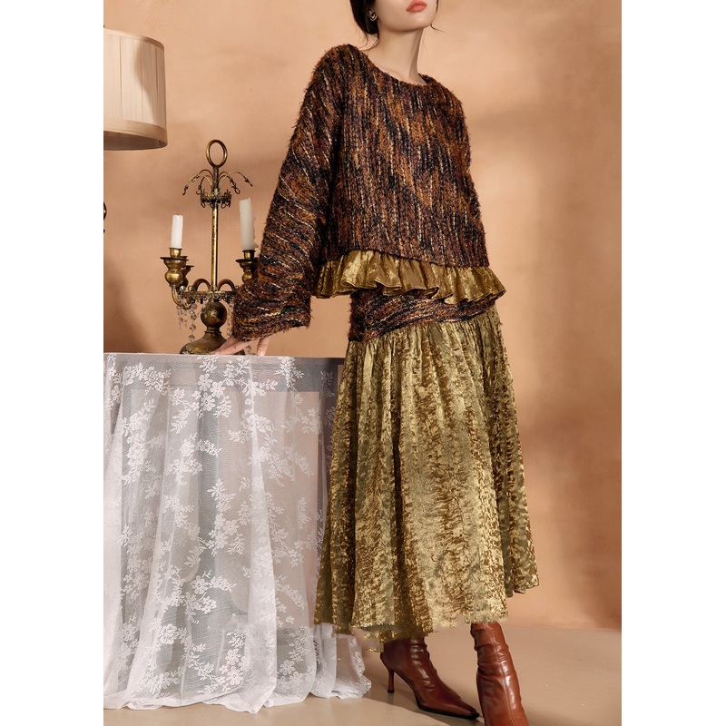 Fashion Brown Knit Sweaters And Silk Skirts Two Pieces Set Fall
