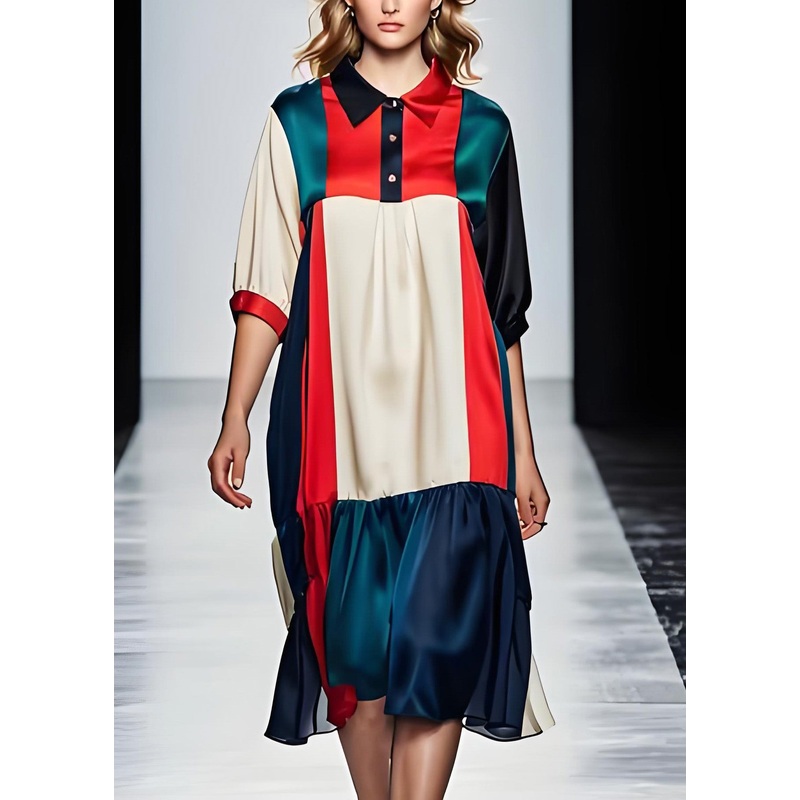 Fashion Colorblock Peter Pan Collar Patchwork Silk Dresses Summer