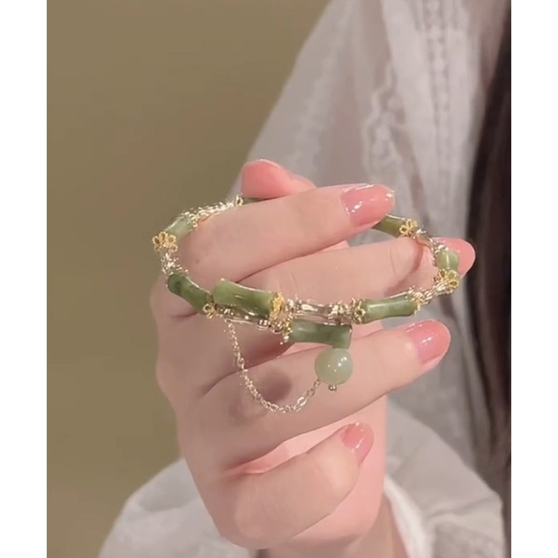 Fashion Green Crystal Jade Bamboo Joint Tassel Charm Bracelet