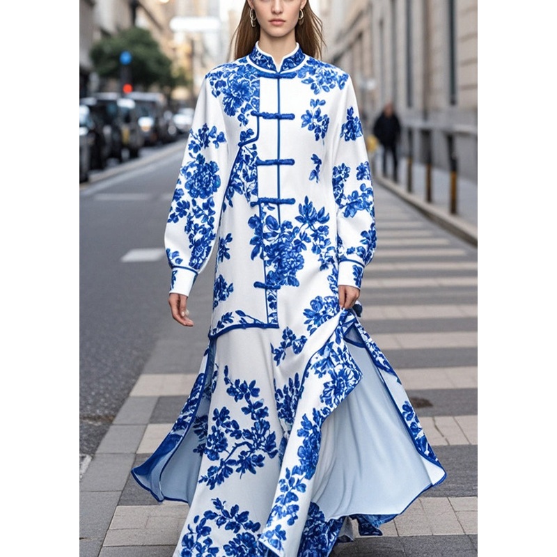Fine Blue Print Mandarin Collar Side Open Chiffon Long Dress Fall