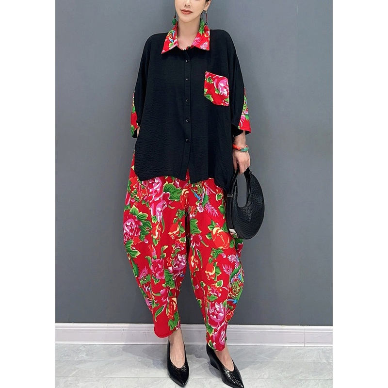 Fitted Black Peter Pan Collar Print Patchwork Button Shirts And Harem Pants Two Pieces Set Long Sleeve