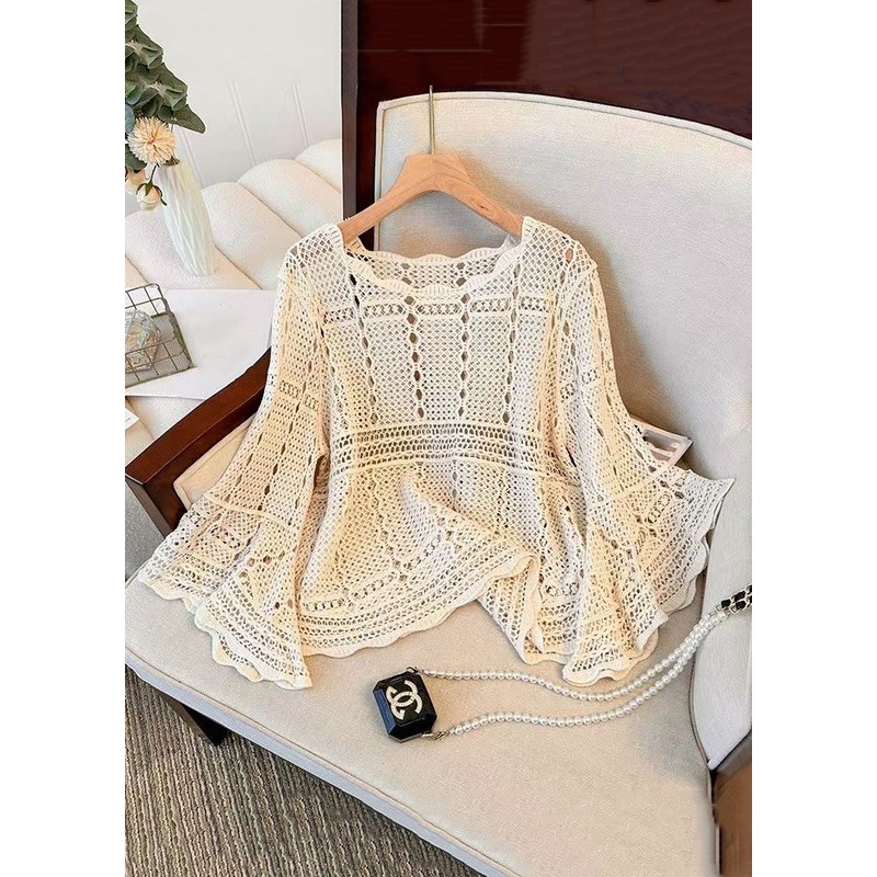 French Beige Hollow Out Cozy Knit Top Flare Sleeve