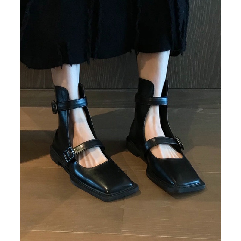 French Black Hollow Out Belt Buckle Sandals Boots
