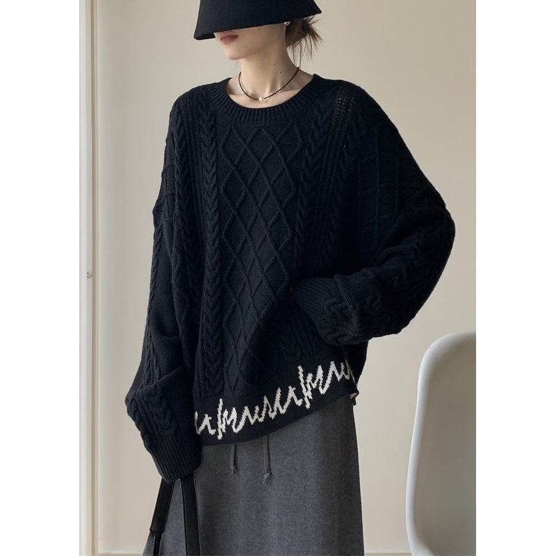 French Black O-Neck Letter Cable Knit Sweaters Winter