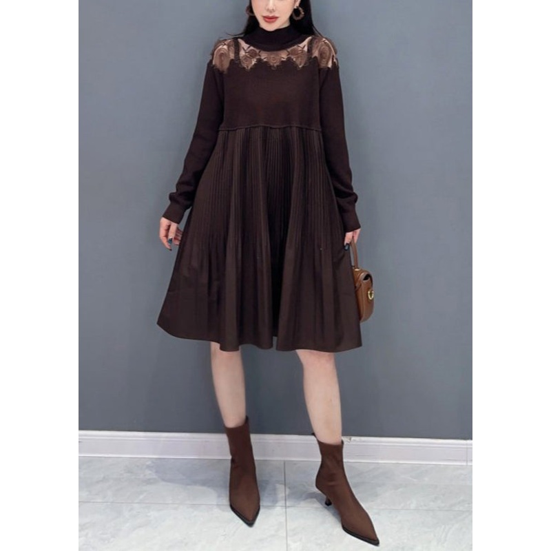 French Brown Hollow Out Wrinkled Knit Dresses Long Sleeve