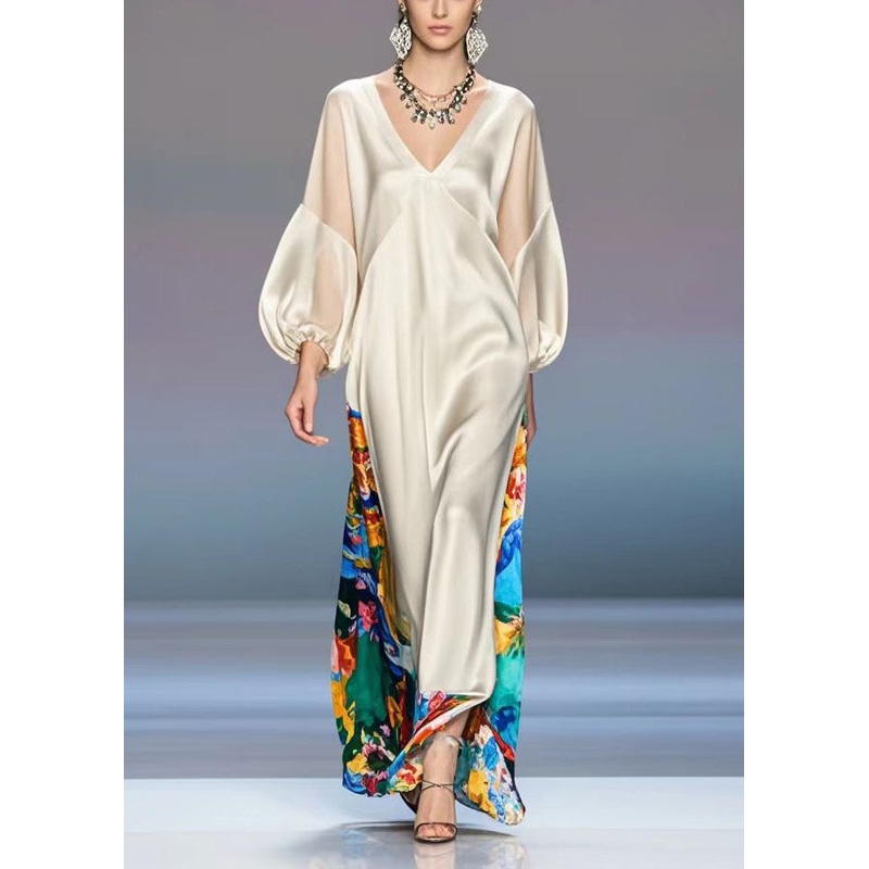 French Champagne V Neck Print Silk Party Dress Lantern Sleeve
