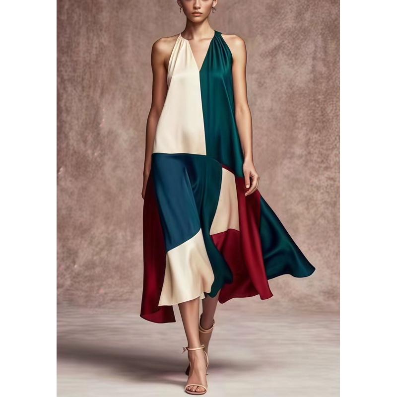 French Colorblock Asymmetrical Patchwork Silk Party Dress Summer