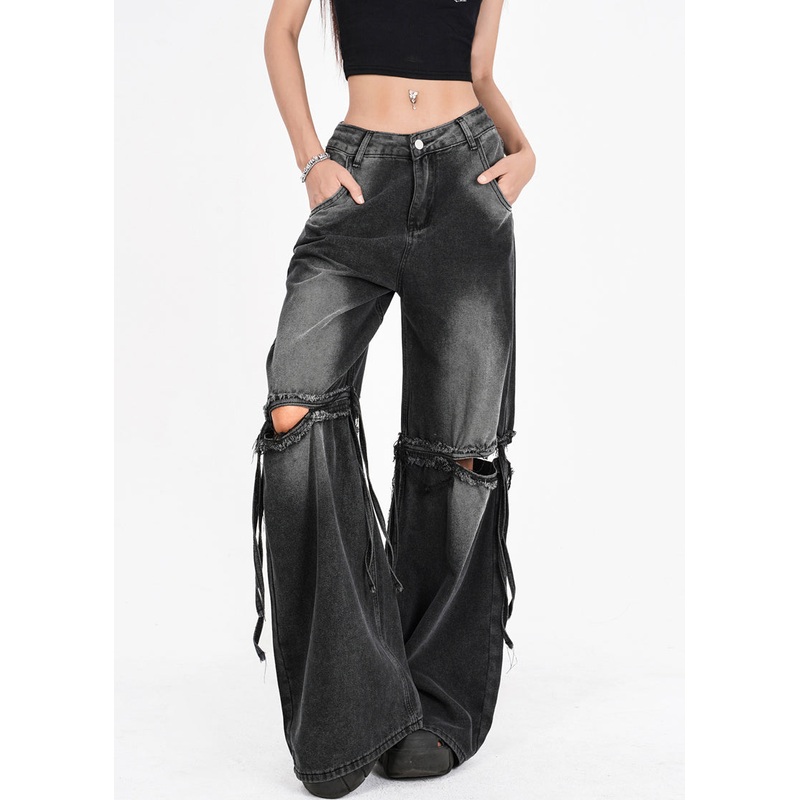 French Dark Gray Pockets Hole Patchwork Pants Summer