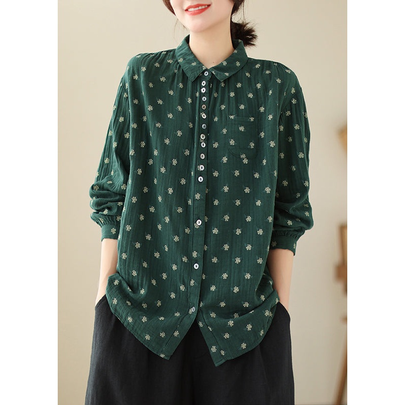 French Green Peter Pan Collar Button Cotton Top Spring