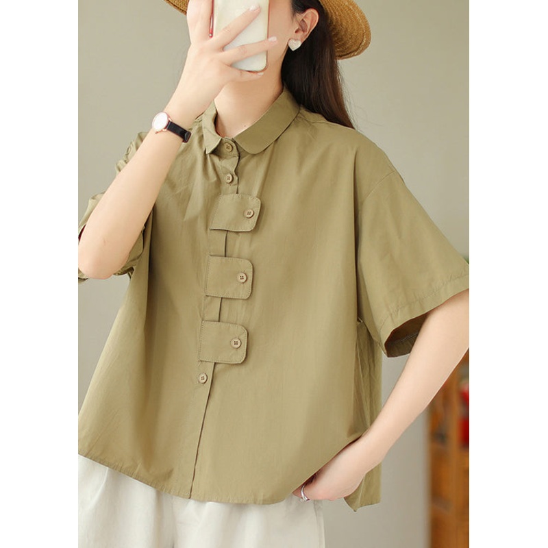 French Khaki Peter Pan Collar Button Cotton Blouses Summer