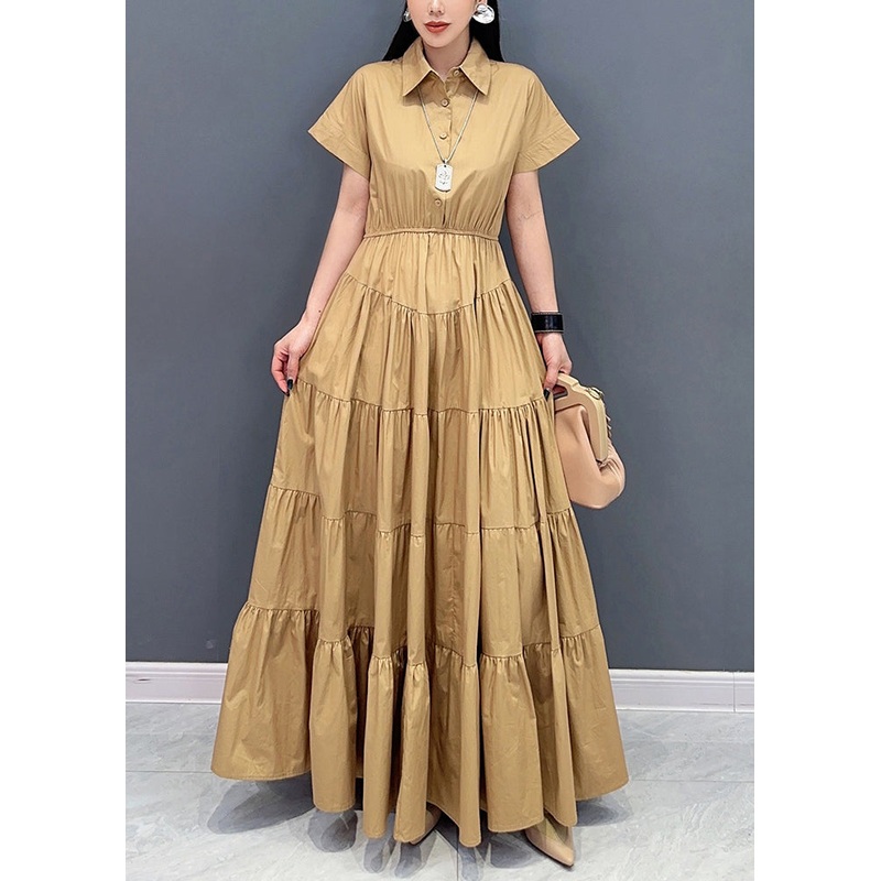 French Khaki Wrinkled Pockets Cotton Long Dresses Summer