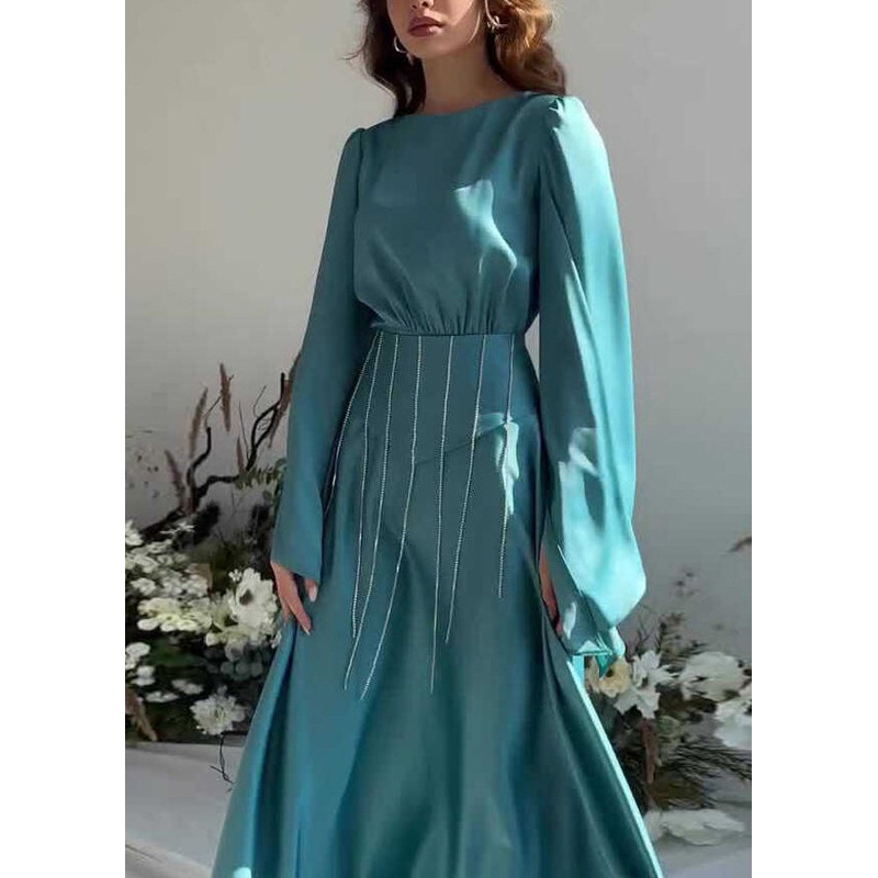 French Lake Blue Tassel Lace Up Silk Long Dress Fall