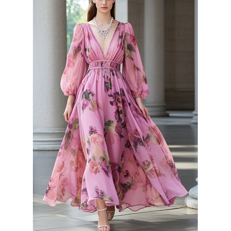 French Pink V Neck Cinched Print Chiffon Party Dresses Fall