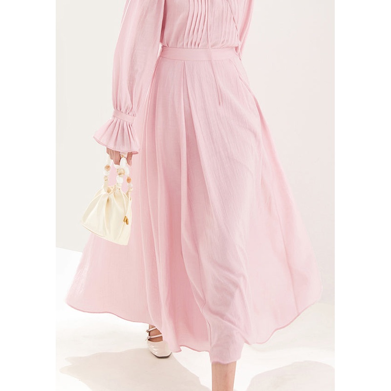 French Pink Zippered Solid High Waist Cotton A Line Skirts Fall