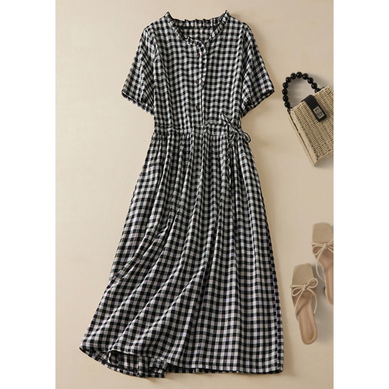 French Plaid Ruffled Lace Up Cotton Shirts Dresses Summer