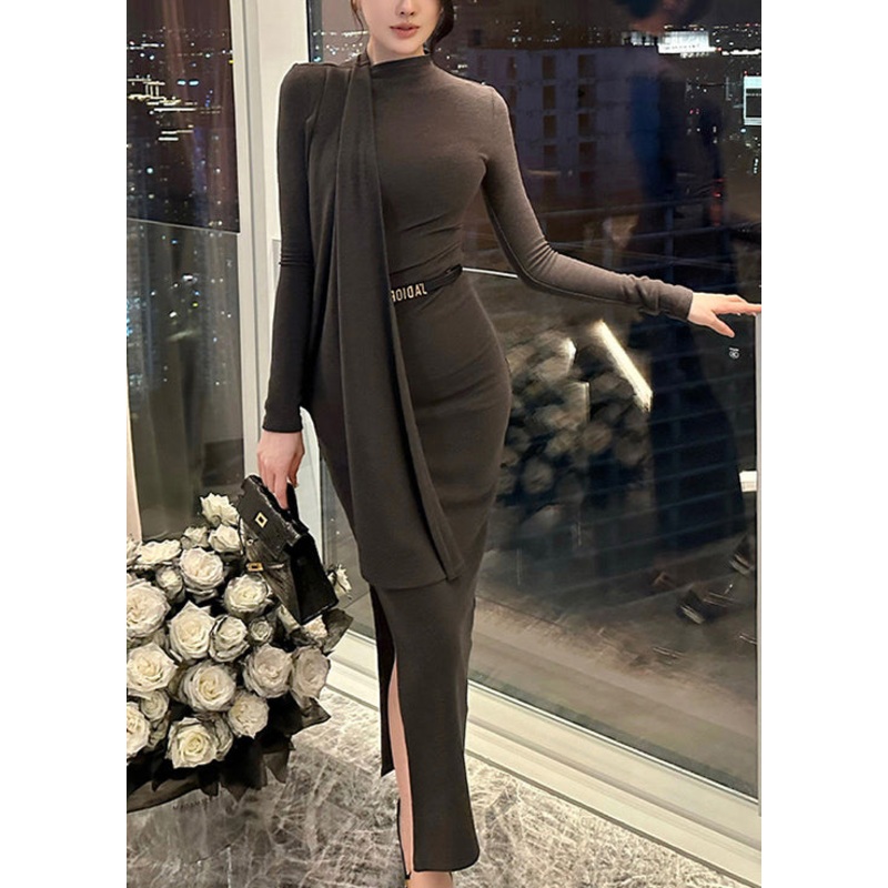 French Sexy Grey Side Open Tie Waist Cotton Long Dresses Fall