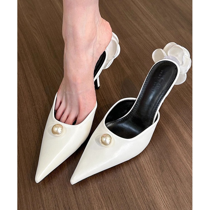 French Versatile Pointed Pearl Stiletto High Heels Slide Sandals