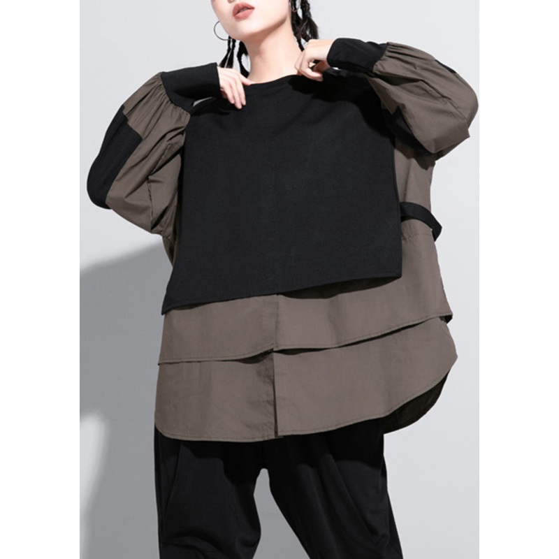 Handmade Army Green O-Neck Patchwork Fake Two Pieces Shirt Spring