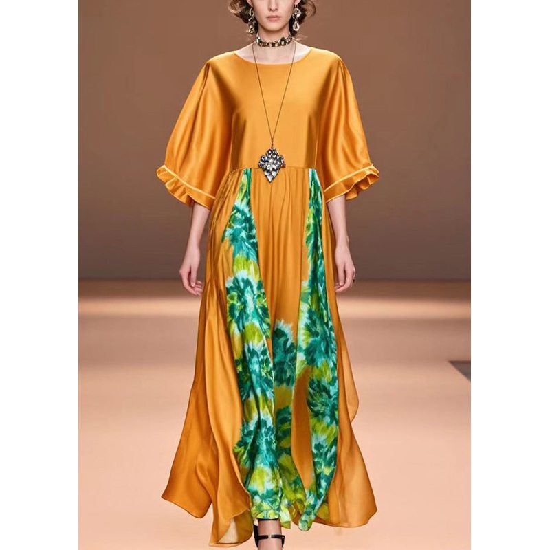 Handmade Caramel Oversized Print Silk Holiday Dress Summer